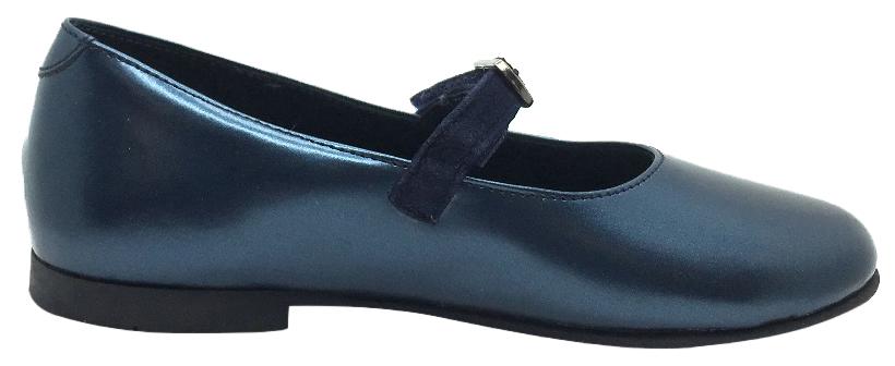 Luccini Girl's Metallic Blue Smooth Leather Mary Jane Flats with Navy Suede Buckle Hook and Loop Strap