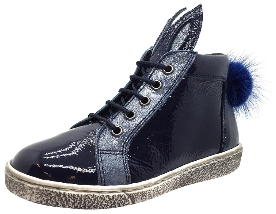 Zubii Girl's Navy Patent Leather Bunny High Top Sneaker with Distressed Sole