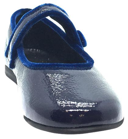 Luccini Girl's Navy Patent Crinkle Leather Mary Jane Flats with Trim