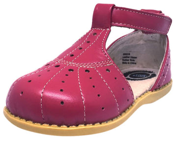 Livie & Luca Girl's Palma Hot Pink Perforated Leather T-Strap Style Ankle Strap Hook and Loop Mary Jane Shoe