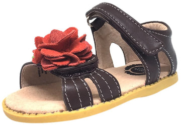 Livie & Luca Girl's Camille Brown Leather Suede Flower Hook and Loop Open Toe Sandal