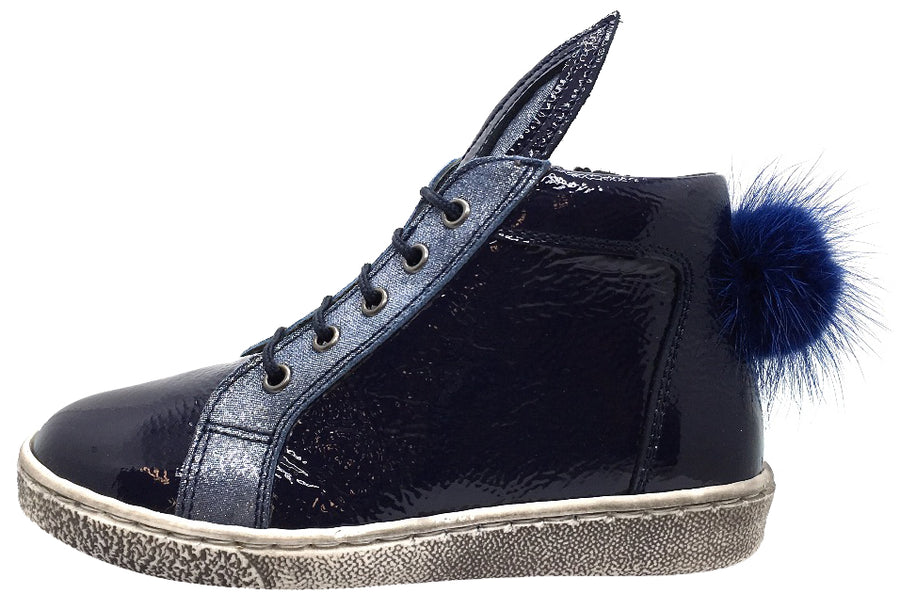 Zubii Girl's Navy Patent Leather Bunny High Top Sneaker with Distressed Sole