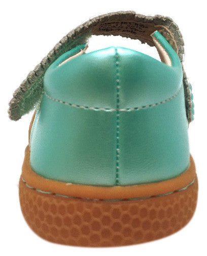 Livie & Luca Girl's Ruche Ruffled Aqua Shimmer Leather Hook and Loop Mary Jane Shoe