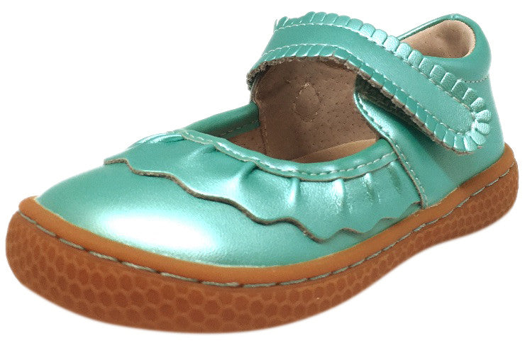 Livie & Luca Girl's Ruche Ruffled Aqua Shimmer Leather Hook and Loop Mary Jane Shoe