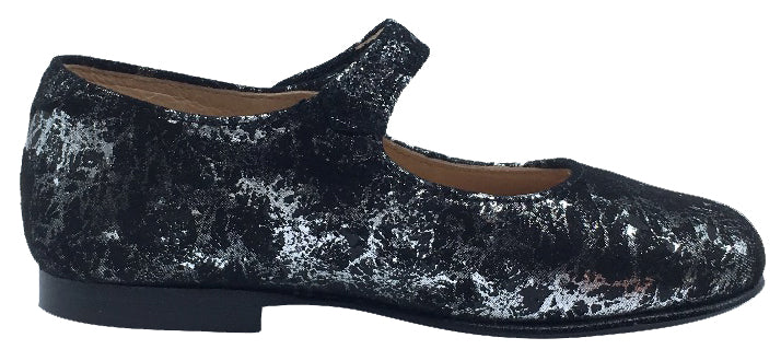 Hoo Shoes Hoova Girl's Mary Jane, Black/Silver Metallic Marble