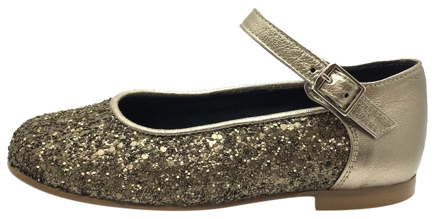 Zubii Girl's Old Gold Glitter Leather Mary Jane Flats with Buckle and Trim