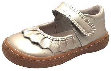 Livie & Luca Girl's Ruche Ruffled Champagne Shimmer Leather Hook and Loop Mary Jane Shoe